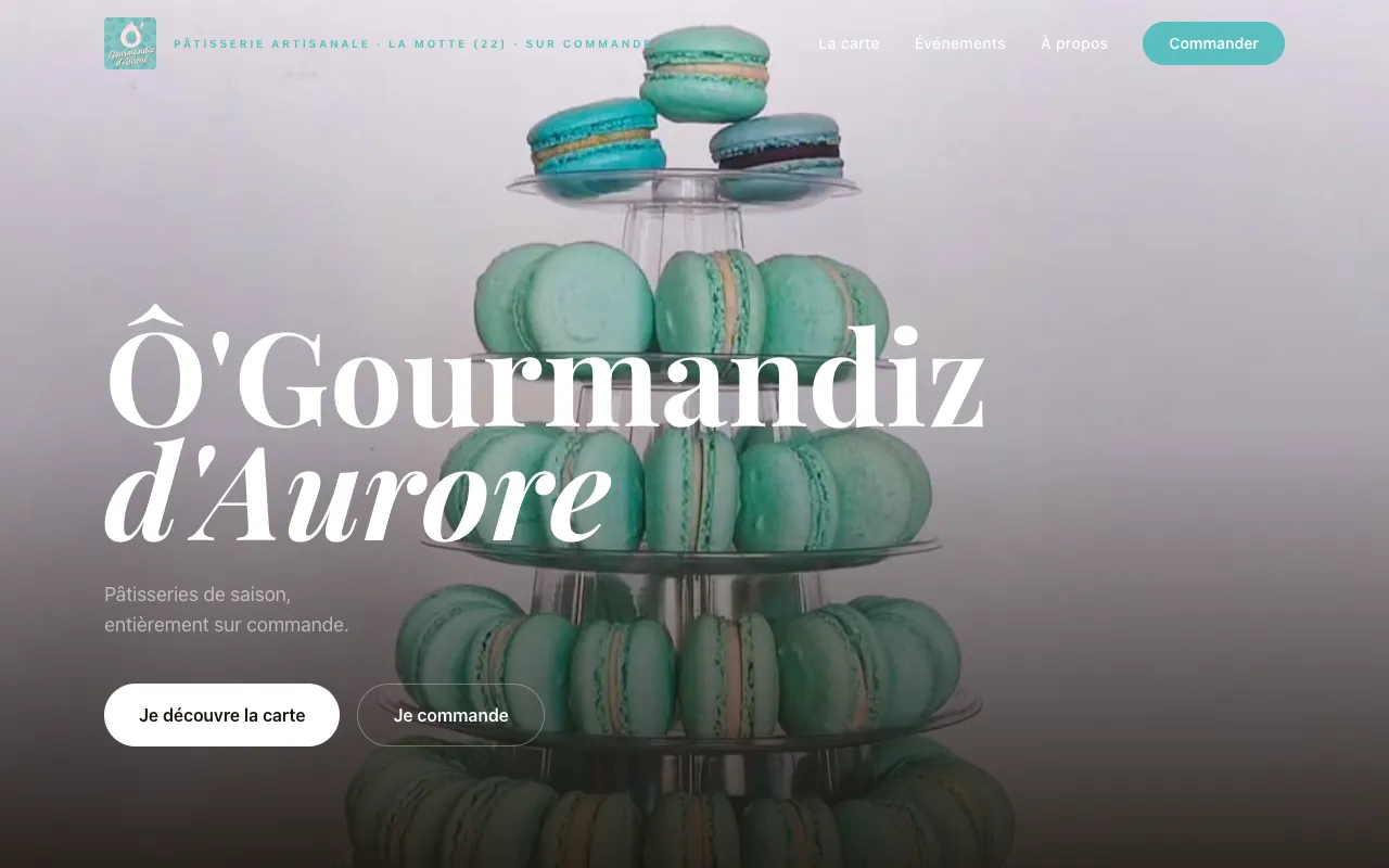 Page d’accueil du site de Ô Gourmandiz d’Aurore, Pâtisserie artisanale sur commande